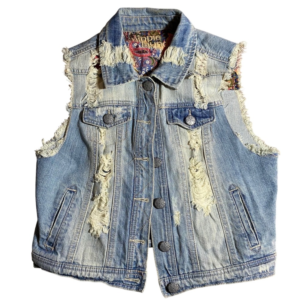 Hippie Laundry Distressed Denim Vest‎ Frayed Boho Festival Stone Wash Trucker M